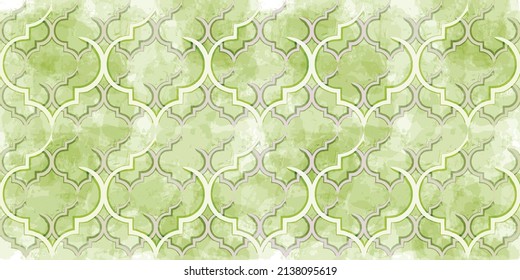 Moroccan Seamless Pattern. Turkish Mosque Window Shape. Arabic Mosaic Watercolor Ornament Background. Eid Mubarak Muslim Decoration. Ramadan Kareem Islamic Illustration
