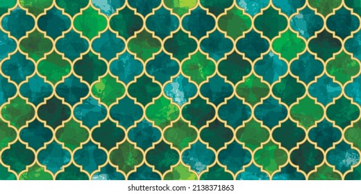 Moroccan Seamless Pattern. Turkish Mosque Window Shape. Arabic Mosaic Watercolor Ornament Background. Eid Mubarak Muslim Decoration. Ramadan Kareem Islamic Illustration