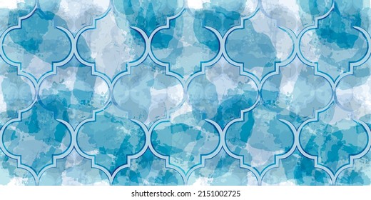 Moroccan Seamless Pattern. Turkish Mosque Window Shape. Arabic Mosaic Watercolor Ornament Background. Eid Mubarak Muslim Decoration. Ramadan Kareem Islamic Illustration