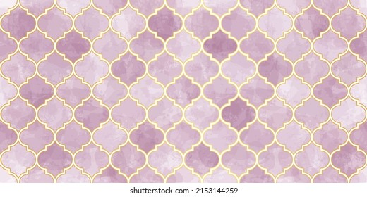 Moroccan Seamless Pattern. Turkish Mosque Window Shape. Arabic Mosaic Watercolor Ornament Background. Eid Mubarak Muslim Decoration. Ramadan Kareem Islamic Illustration