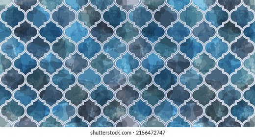 Moroccan Seamless Pattern. Turkish Mosque Window Shape. Arabic Mosaic Watercolor Ornament Background. Eid Mubarak Muslim Decoration. Ramadan Kareem Islamic Illustration