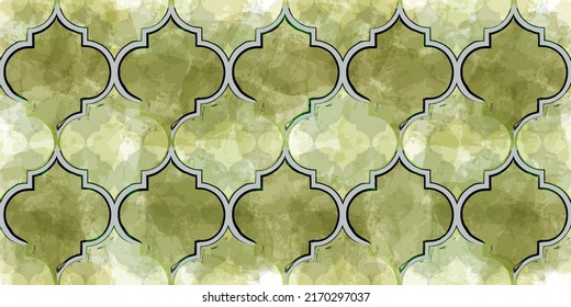 Moroccan Seamless Pattern. Turkish Mosque Window Shape. Arabic Mosaic Watercolor Ornament Background. Eid Mubarak Muslim Decoration. Ramadan Kareem Islamic Illustration