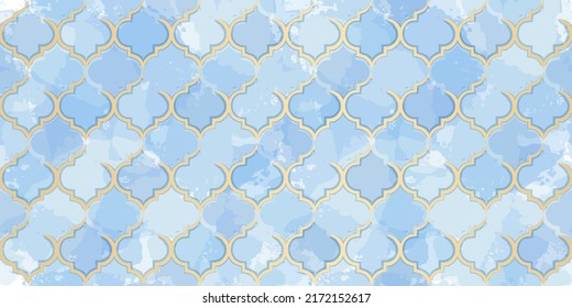 Moroccan Seamless Pattern. Turkish Mosque Window Shape. Arabic Mosaic Watercolor Ornament Background. Eid Mubarak Muslim Decoration. Ramadan Kareem Islamic Illustration
