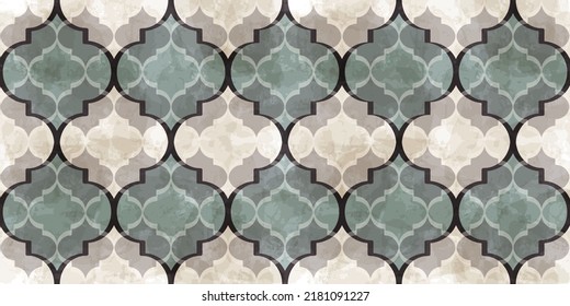 Moroccan Seamless Pattern. Turkish Mosque Window Shape. Arabic Mosaic Watercolor Ornament Background. Eid Mubarak Muslim Decoration. Ramadan Kareem Islamic Illustration