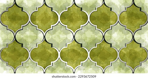 Moroccan Seamless Pattern. Turkish Mosque Window Shape. Arabic Mosaic Watercolor Ornament Background. Eid Mubarak Muslim Decoration. Ramadan Kareem Islamic Illustration