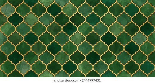 Moroccan Seamless Pattern. Turkish Mosque Window Shape. Arabic Mosaic Watercolor Ornament Background. Eid Mubarak Muslim Decoration. Ramadan Kareem Islamic Illustration