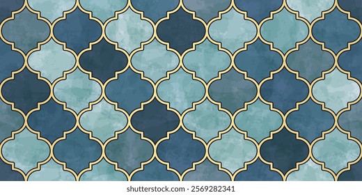 Moroccan Seamless Pattern. Turkish Mosque Window Shape. Arabic Mosaic Watercolor Ornament Background. Eid Mubarak Muslim Decoration. Ramadan Kareem Islamic Illustration