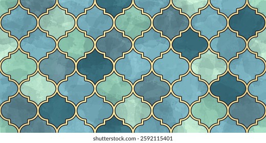 Moroccan Seamless Pattern. Turkish Mosque Window Shape. Arabic Mosaic Watercolor Ornament Background. Eid Mubarak Muslim Decoration. Ramadan Kareem Islamic Illustration