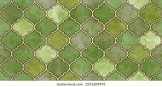 Moroccan Seamless Pattern. Turkish Mosque Window Shape. Arabic Mosaic Watercolor Ornament Background. Eid Mubarak Muslim Decoration. Ramadan Kareem Islamic Illustration