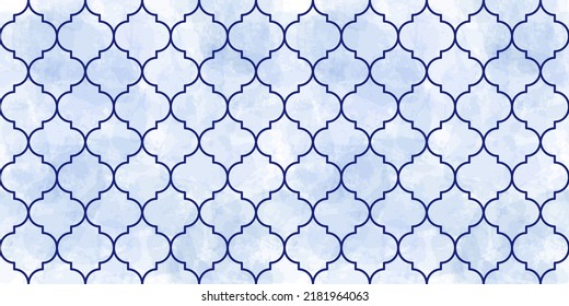 Moroccan Seamless Pattern. Watercolor Turkish Mosque Window Shape. Arabic Mosaic Ornament Background. Eid Mubarak Muslim Decoration. Ramadan Kareem Islamic Illustration