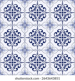 Padrão marroquino sem emenda.Padrão de azulejo ornamento floral em estilo mediterrâneo com elementos azul-marinho. Fundo de luz ornamental Damask.Geometric. Português, holandês azulejo padrão 
