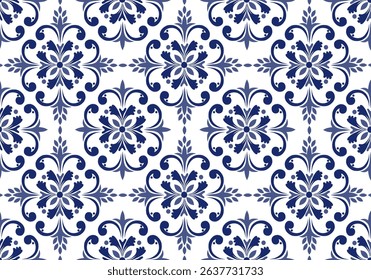 Moroccan Seamless Pattern.Seamless floral tile pattern in Mediterranean style with navy blue elements. Damask.Geometric ornamental light background.  Portuguese, dutch azulejo tile pattern floral.Grid
