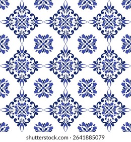 Moroccan Seamless Pattern.Seamless floral tile pattern in Mediterranean style with navy blue elements. Damask.Geometric ornamental light background. Portuguese, dutch azulejo tile pattern 