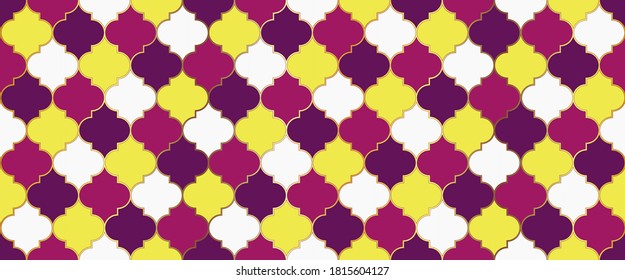 Moroccan Seamless Texture Arabic Mosque Window Motif. Ramadan Kareem Muslim Background. Eid Mubarak Islam Decoration. Seamless Moroccan Mosaic Ornament. Traditional Ramadan Golden Mosque Shape.