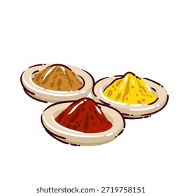 Especias marroquíes en platos Pequeños. Coloridos condimentos molidos, ingredientes tradicionales de comida de mercado, símbolo de la cocina del norte de África. Estilo Doodle, Ilustración vectorial.
