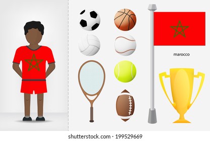 Moroccan sportsman with sport equipment collection vector illustrations