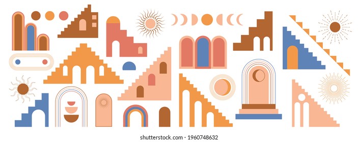 Moroccan stairs, arch, walls, arc set vector. Architecture elements in boho style. Tunisian, Algerian trendy abstract print. Bohemian sun, moon, lines, doors. Contemporary aesthetic for wall art. 