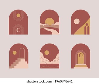 Moroccan stairs, arch, walls, arc set vector. Architecture elements in boho style. Tunisian, Algerian trendy abstract print. Bohemian sun, moon, lines, doors. 