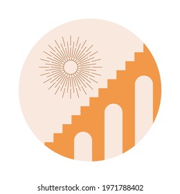 Moroccan stairs, arch, walls, arc icon vector. Architecture elements in boho style. Tunisian, Algerian trendy abstract print. Bohemian sun, moon, lines, doors. Contemporary aesthetic for wall art. 