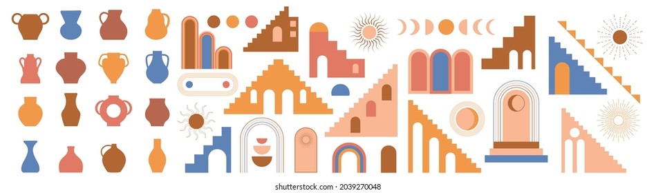 Moroccan stairs, arch, walls, arc set vector. Architecture elements in boho style. Tunisian, Algerian trendy abstract print. Bohemian sun, moon, lines, doors, jugs. 