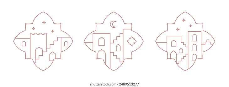 Moroccan style line stairs, arch, walls, arc, house, moon. Oriental windows view to cityscape, landscape. Vector outline posters, cards.