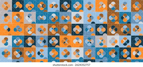  Moroccan style  repeating tile pattern with overlapping floral motifs in orange-brown, light blue, light gray, and textured details