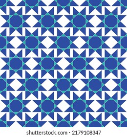Moroccan Style Sun Shapes Geometric Tile Design Abstract Seamless Pattern Trendy Fashion Colors Simple Vector Art Royal Blue Tiffany Blue Tones