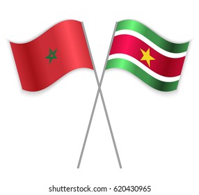 Moroccan and Surinamese crossed flags. Morocco combined with Suriname isolated on white. Language learning, international business or travel concept.