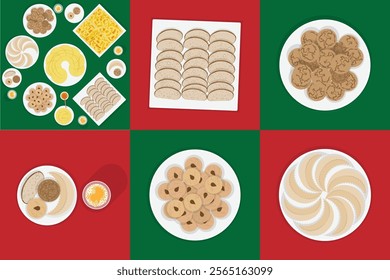 Moroccan Sweets and Pastries Vector Set : Baghrir, Msemen, Ghriba, Fekkas, Kaab ghzal