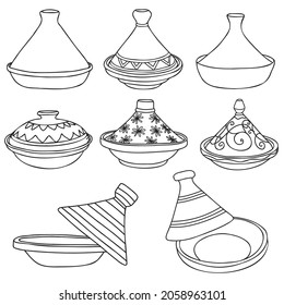 Moroccan tagine icons various shapes with linear black. Isolated vector illustrations.