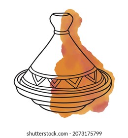 Moroccan tagine with linear black and bright orange watercolor spot. Isolated vector illustrations.