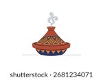 Moroccan tagine pot with steaming stew, decorated in geometric Islamic patterns line art illustration