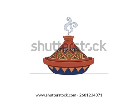 Moroccan tagine pot with steaming stew, decorated in geometric Islamic patterns line art illustration