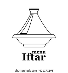 Moroccan tajine outlines as cover for iftar menu on white background. vector illustration