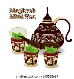 Moroccan tea. Peppermint in antique glass on a white background with a old kettle. Maghreb Mint Tea.  Arabic Traditional Concept. Vector/Illustration