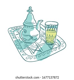 Moroccan tea vector illustration isolated on bakground. Tea glass, teapot, green tea.