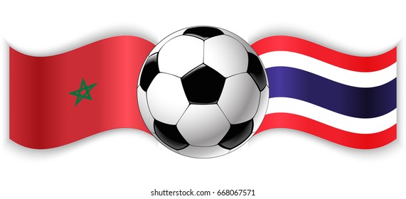 Moroccan and Thai wavy flags with football ball. Morocco combined with Thailand isolated on white. Football match or international sport competition concept.