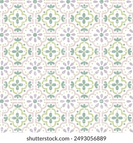 Moroccan tile mosaic. Spanish porcelain. Ceramic tableware, folk print. Spanish pottery. Ethnic bright summer tile pattern on linen textured pastel tone and tone green background.