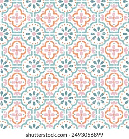 Moroccan tile mosaic. Spanish porcelain. Ceramic tableware, folk print. Spanish pottery. Ethnic bright summer tile pattern on linen textured turquoise background.