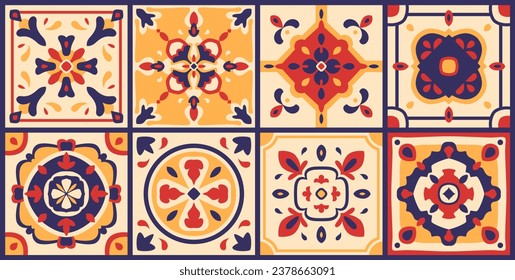 Moroccan tile pattern. Mosaic print, Azulejo, Spanish patchwork ornaments, Portuguese background in bright yellow, red, blue colors. Majolica floor, decorative pottery design, vector illustration.