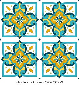 Moroccan tile pattern vector seamless with old ornaments. Portuguese azulejo, mexican talavera, italian majolica, spanish ceramic. Mosaic background for kitchen wallpaper or bathroom floor.