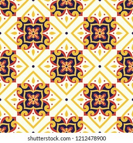 Moroccan tile pattern vector seamless with vintage ornaments. Portuguese azulejo, mexican talavera, italian majolica, spanish ceramic. Mosaic background for kitchen wallpaper or bathroom floor.