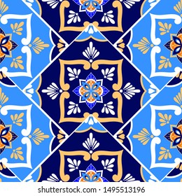 Moroccan tile pattern vector seamless with border parquet motifs. Portuguese azulejos, mexican talavera, spanish ceramic, italian sicily majolica. Blue background for bathroom or kitchen floor.