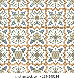 Moroccan tile pattern vector seamless with floral motifs. Italian majolica, portuguese azulejos, arabesque, mexican talavera and spanish ceramic. Mosaic background for kitchen wall or bathroom floor.