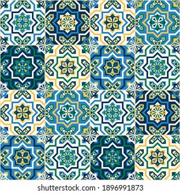 Moroccan tile pattern vector seamless with mosaic arabesque ornaments. Islamic, spanish ceramic, portugal lisbon azulejo, mexico talavera, italian sicily majolica, mediterranean texture design.