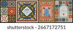 Moroccan tiles. ornament and pattern. Vector illustration of mosaic, floral border and frame, oriental door or gate, ceramic for poster, boho print, invitation, textile, fabric or background