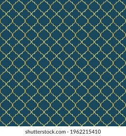 Moroccan trellis geometric pattern in duotone gold and blue, seamless mosaic tile backdrop, traditional golden Arabic motif, abstract vector illustration. Pattern design added to the swatch panel. 