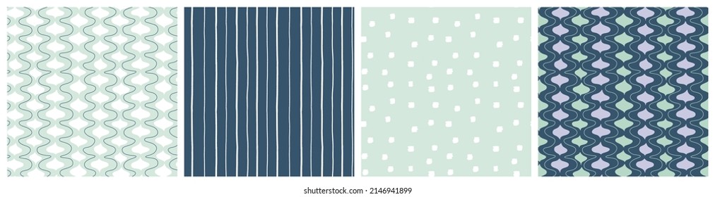 Moroccan trellis seamless pattern set in trendy soft purple, green and navy colours with coordinating simple spot and line backgrounds. Vector design for fashion fabric or home decor textile.