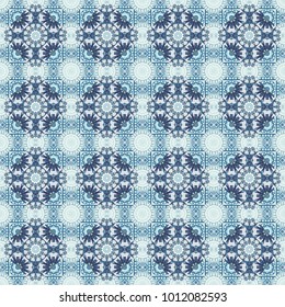 Moroccan, Turkish, Indian modern floor tiles in neutral, blue and gray colors. Seamless vector background pattern.