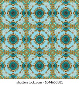 Moroccan, Turkish, Indian modern floor tiles in brown, blue and green colors. Seamless vector background pattern.